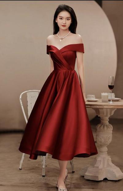 Elegant Dark Red Satin Tea Length Prom Dress