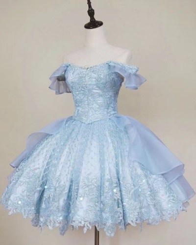 Off Shoulder Blue Homecoming Dresses with Lace