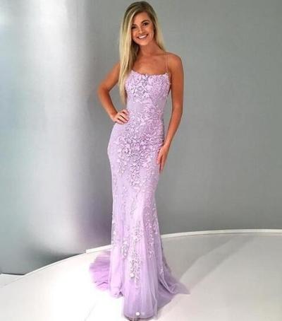 Beautiful A Line Lilac Lace Tulle Prom Dresses