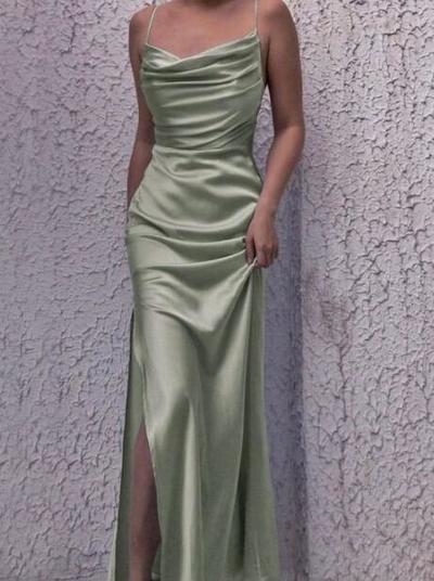 Sheath Cowl Neck Sage Green Silk Satin Evening Dresses
