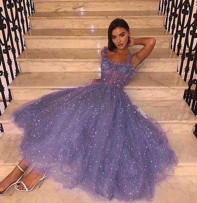 Spaghetti Straps A-Line Tea Length Prom Dress