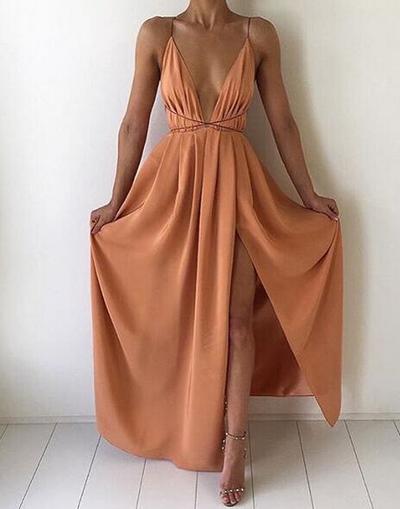 Spaghetti Strap V Neck Prom Dress With Front Split