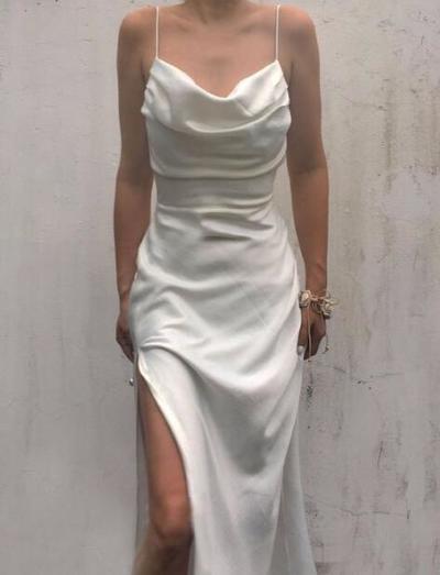 Sheath Cowl Neck Silk Satin Long Prom Dresses with Slit
