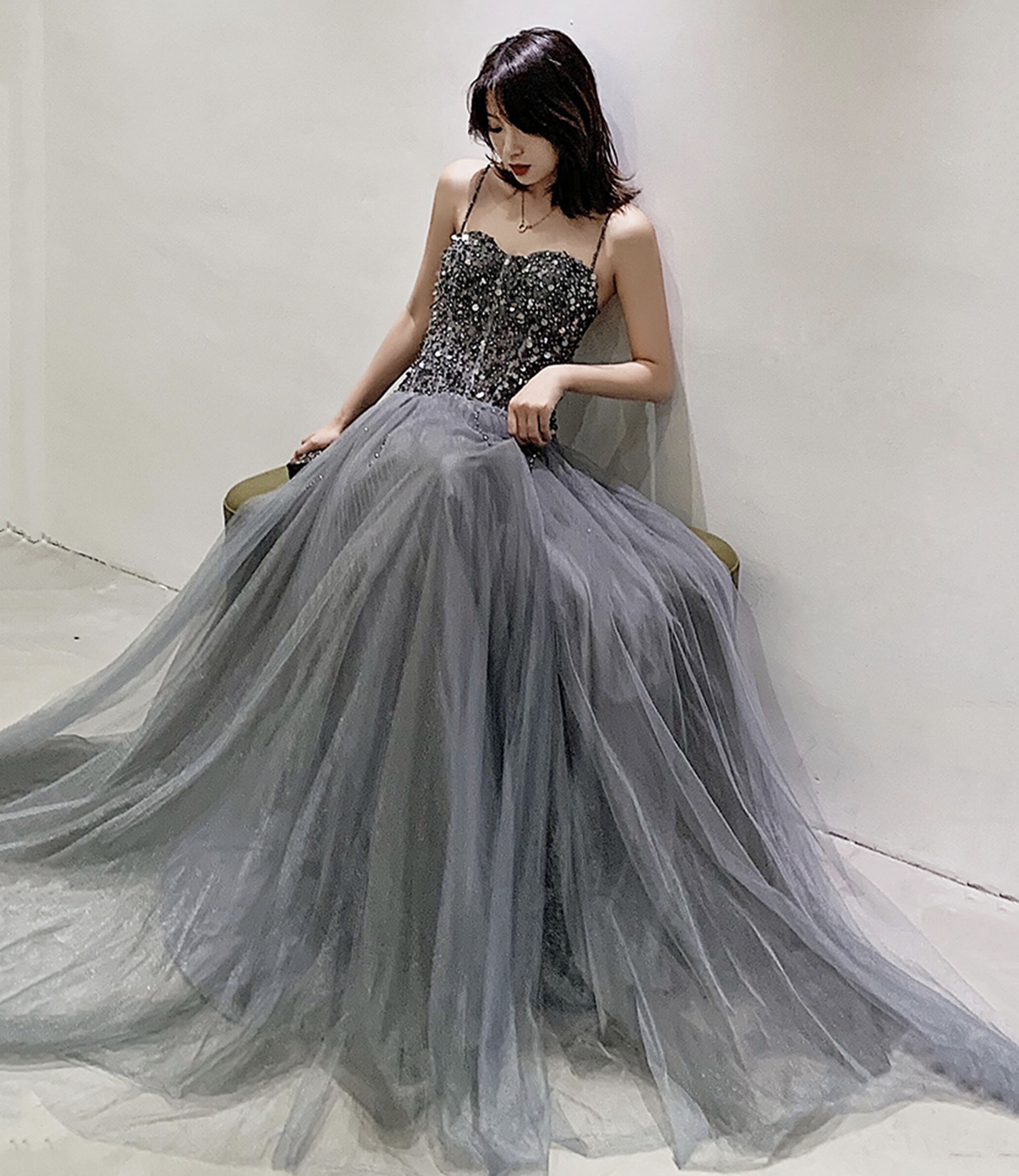 Grey tulle sequins long prom dress evening dress