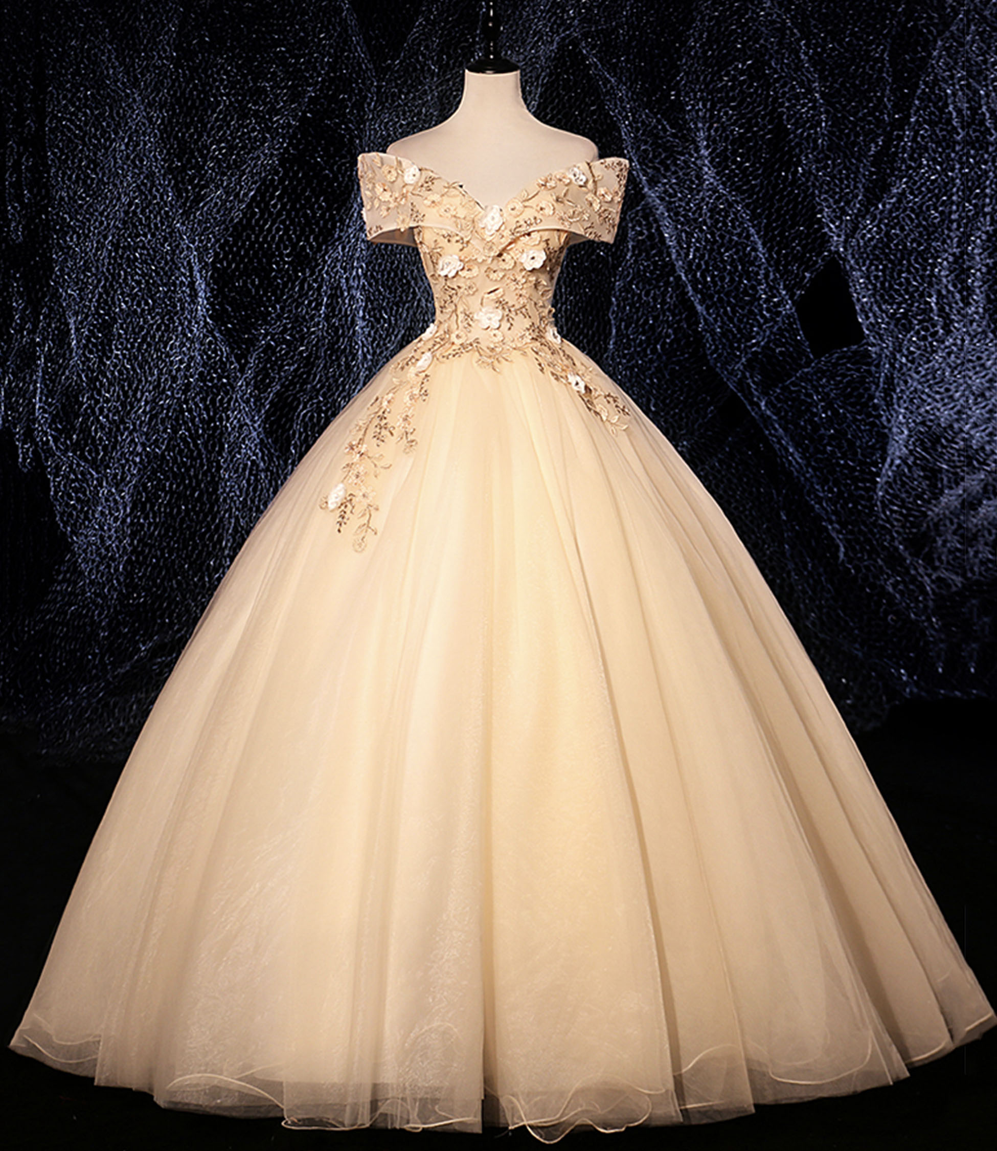 Champagne tulle lace long prom dress evening dress