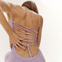 Pastel Color Lace up Cross Backless Split Knitted Sling Dress - Thumbnail 4