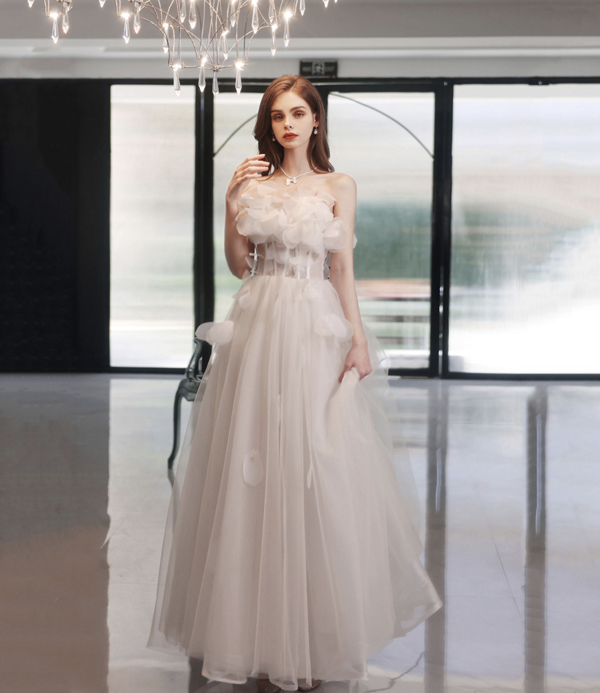 White tulle long A-line prom dress evening dress