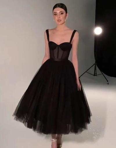 Tea Length black prom dress, short evening dress