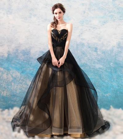 Princess Ball Gown Black and Champagne Sweetheart Long Prom Dresses