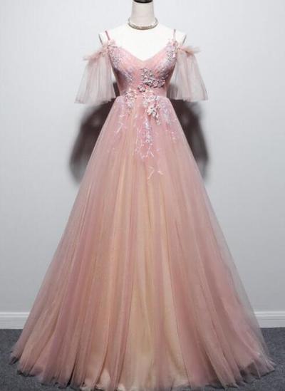 Beautiful Floor Length Pink Straps V-neckline Tulle Prom Dress
