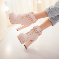 Flounce Lace Up Platform Heeled Boots Shoes - Thumbnail 1