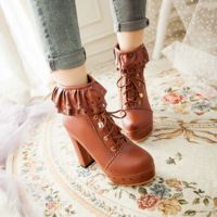 Flounce Lace Up Platform Heeled Boots Shoes - Thumbnail 5