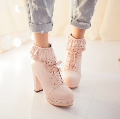 Flounce Lace Up Platform Heeled Boots Shoes