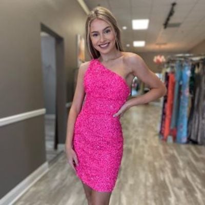 2022 homecoming dress, cute one shoulder orange sequins short prom dress - Thumbnail 2