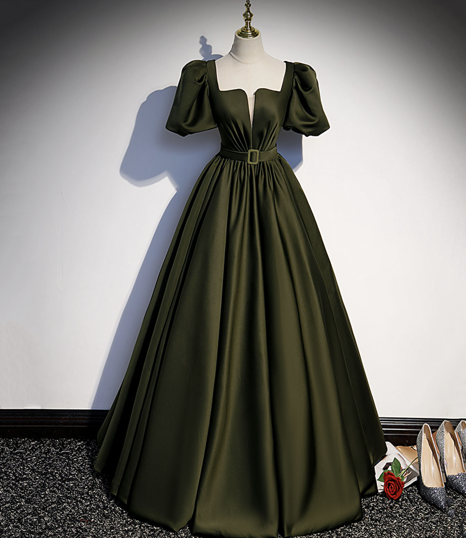 Green satin long prom dress A-line evening dress