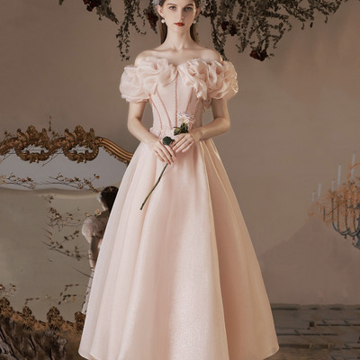 Pink a-line off shoulder prom dress homecoming dress - Thumbnail 1