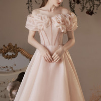 Pink A-line off shoulder prom dress homecoming dress - Thumbnail 2