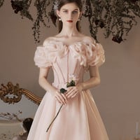 Pink A-line off shoulder prom dress homecoming dress - Thumbnail 3