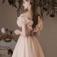 Pink A-line off shoulder prom dress homecoming dress - Thumbnail 5