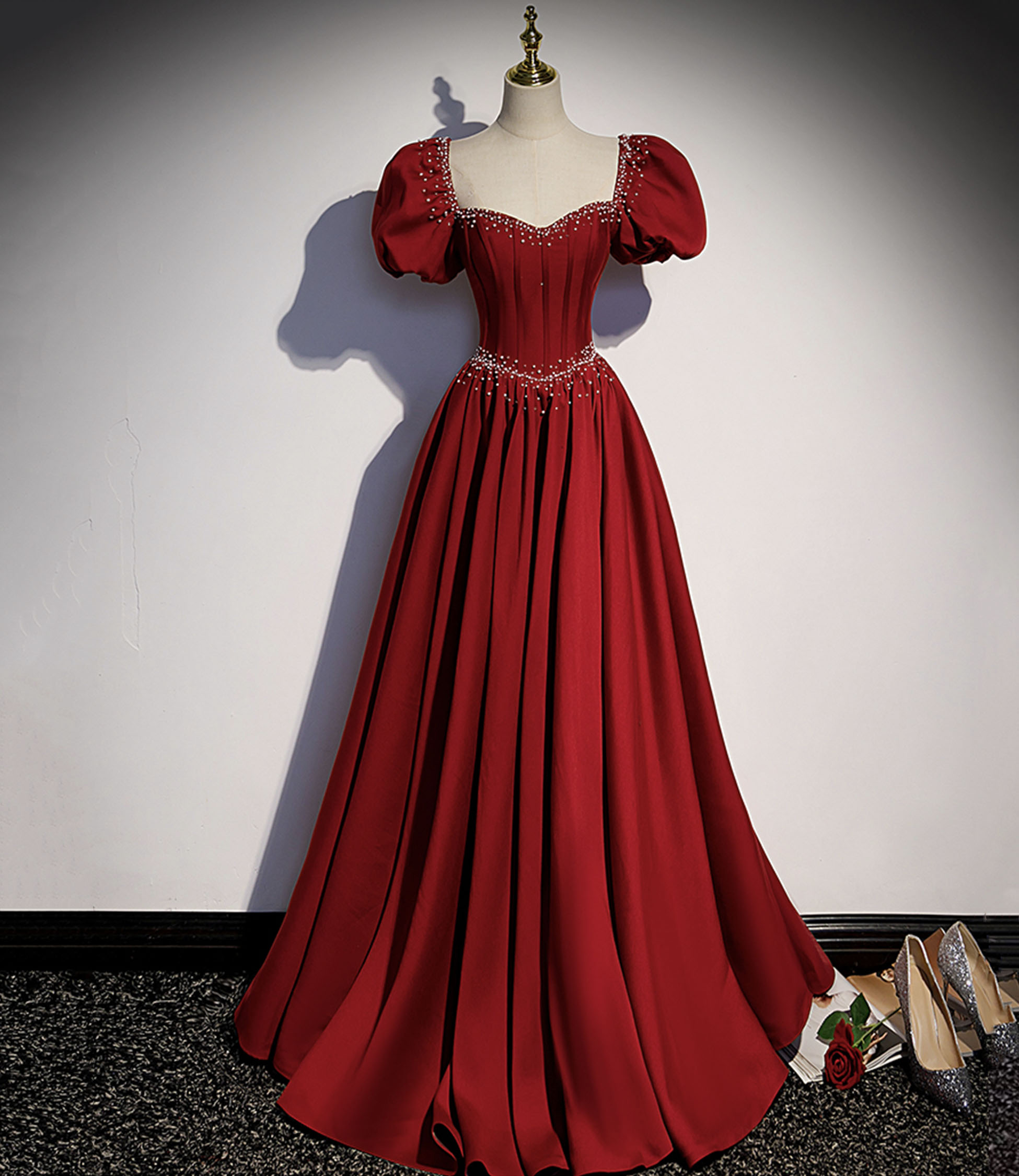 Burgundy A-line satin long prom dress evening dress