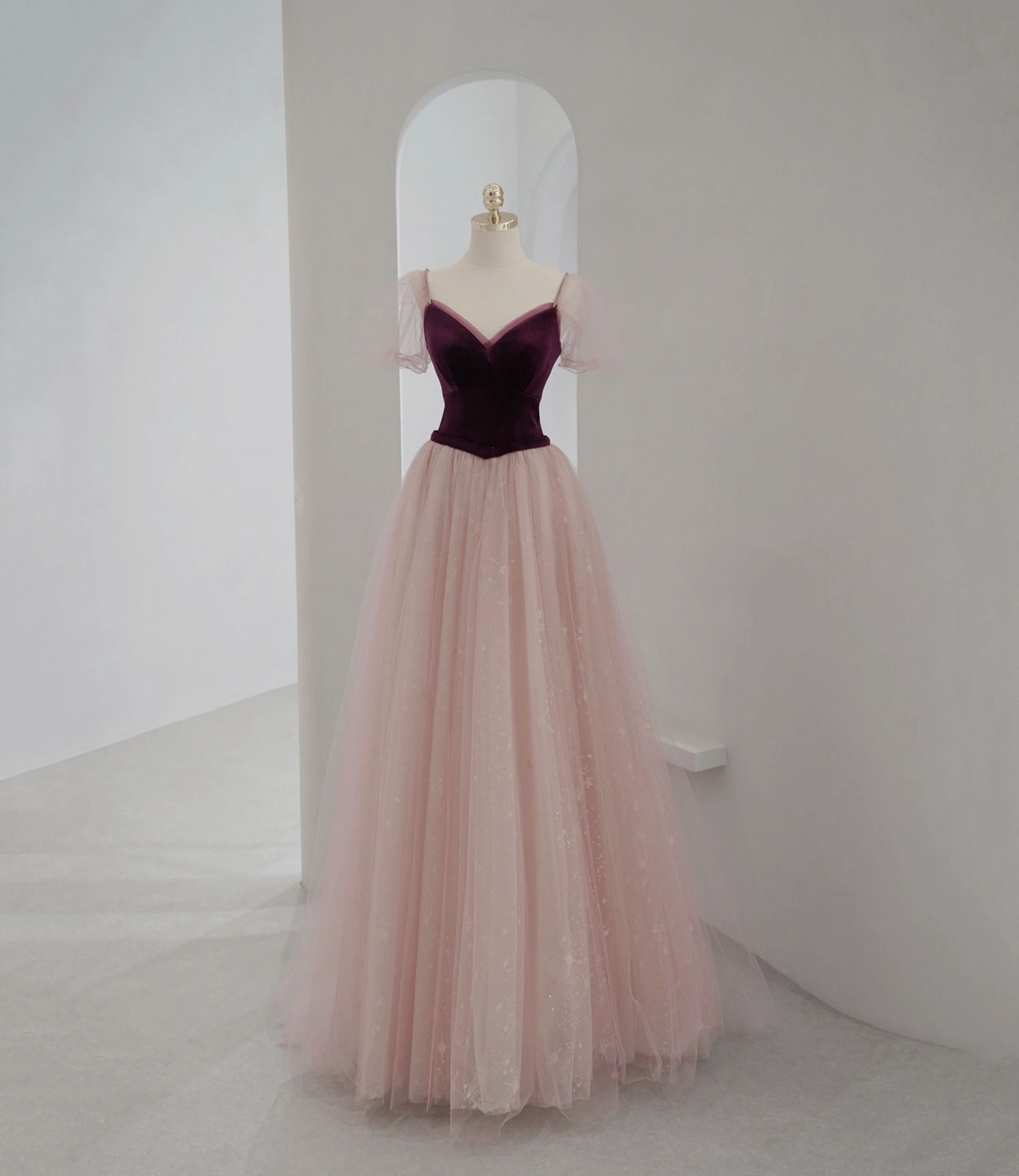 Pink velvet tulle long prom dress pink evening dress