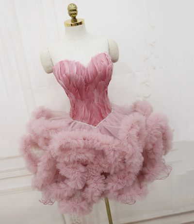 Pink tulle short prom dress cocktail dress,elegant homecoming dress,893