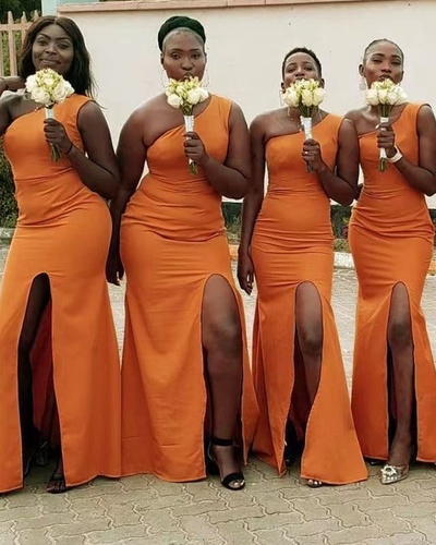 One Shoulder Orange Bridesmaid Dresses with Slit Side