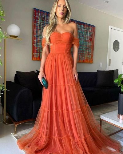 Elegant Off the Shoulder Orange Tulle Long Evening Dresses, Formal Dresses