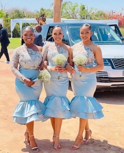 One Shoulder Sky Blue Bridesmaid Dresses with Appliques Lace