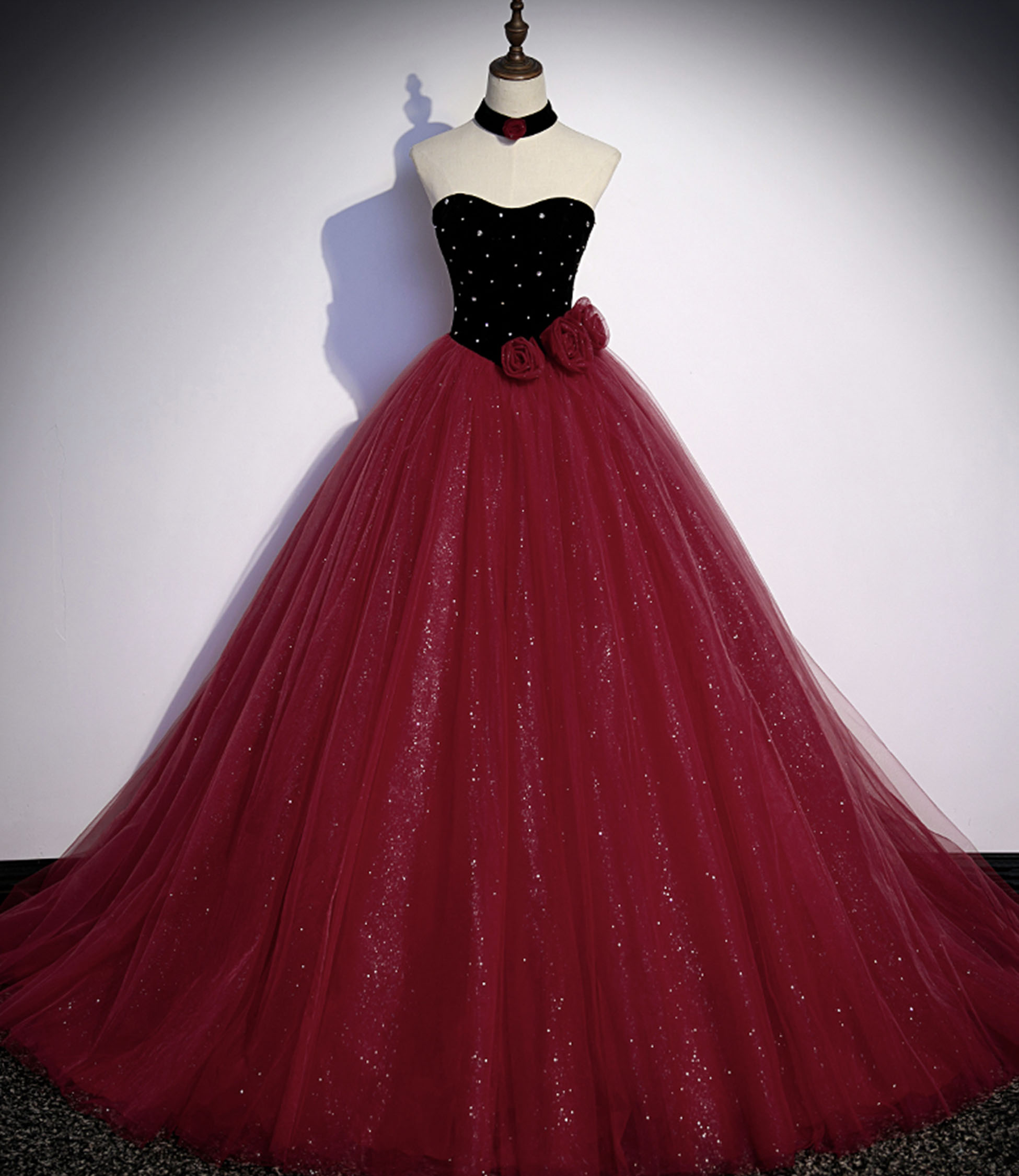 Burgundy tulle long ball gown dress formal dress