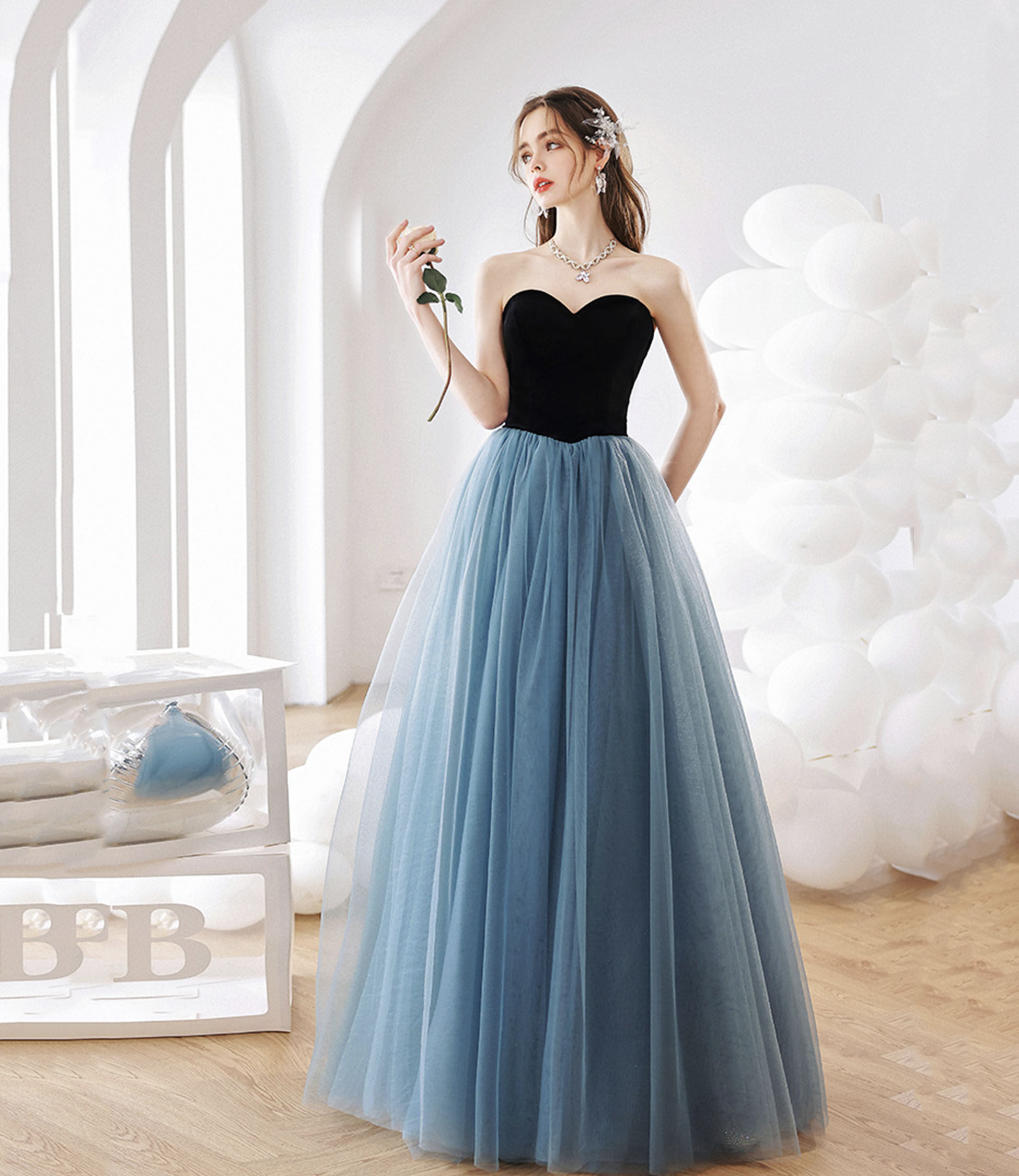 Blue tulle long A-line prom dress blue evening dress