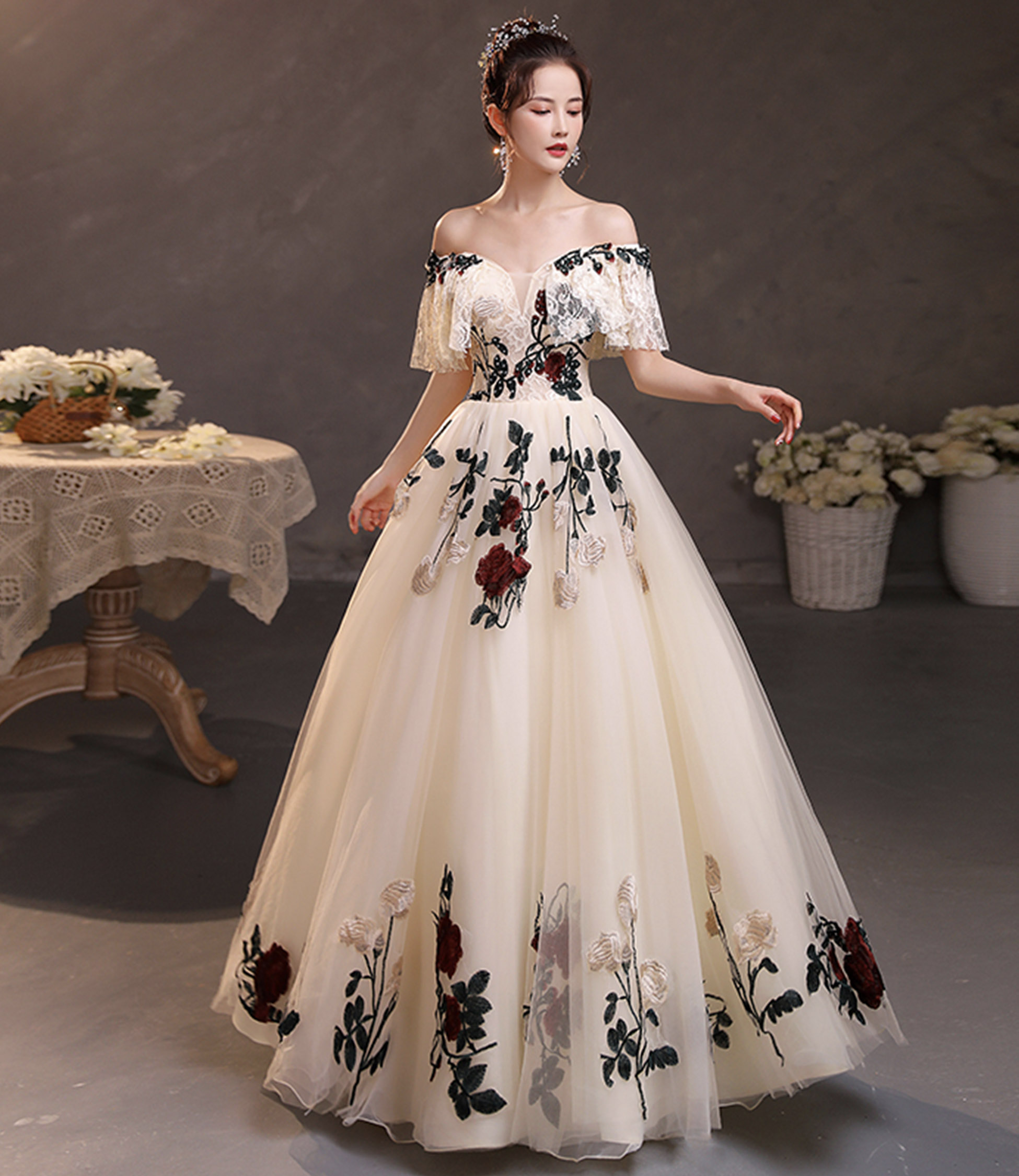 Champagne tulle lace long prom dress evening dress