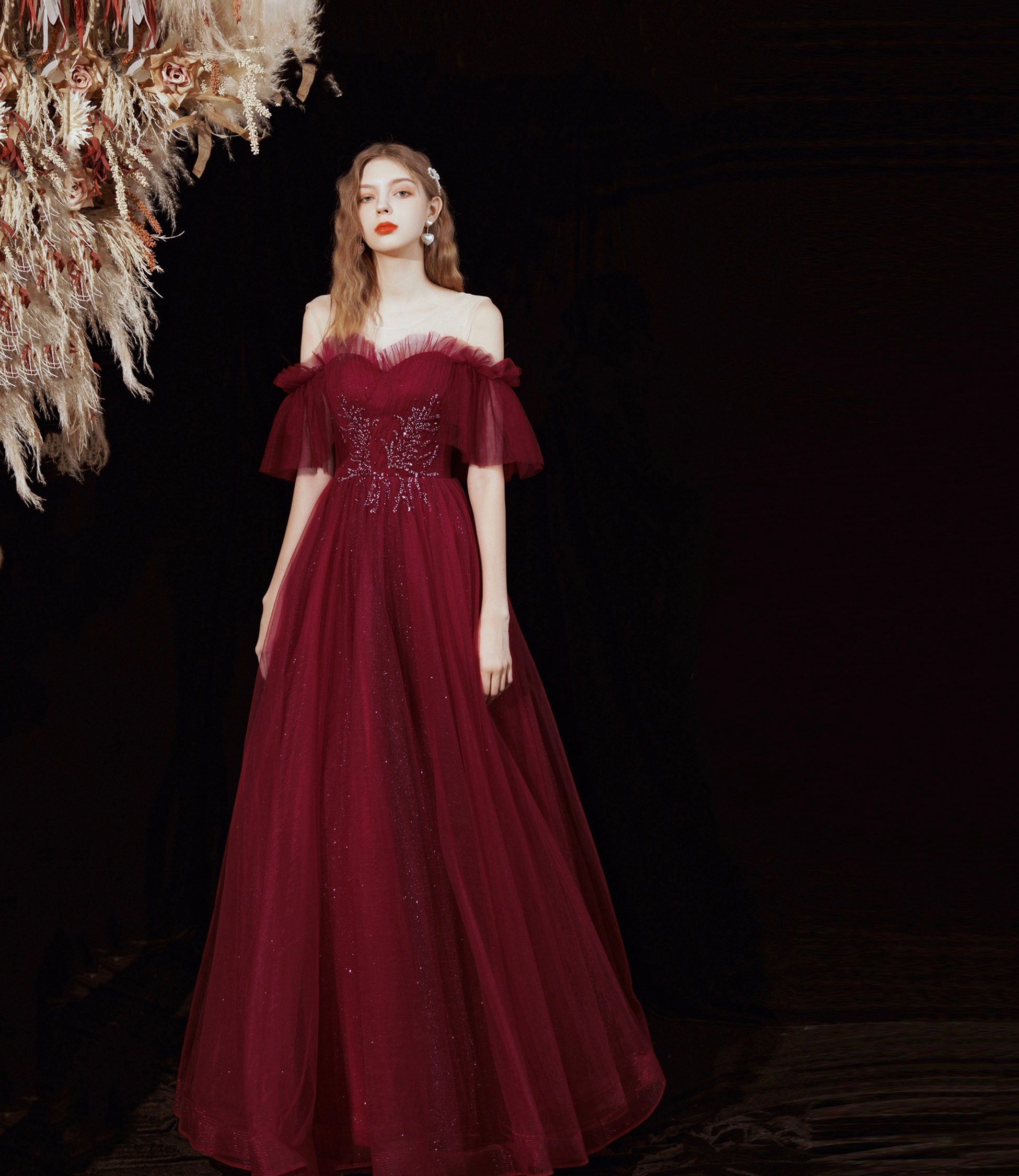 Burgundy tulle sequins long prom dress evening dress