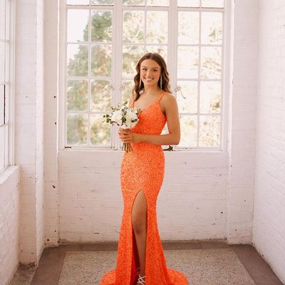 Sparkly mermaid v neck straps orange sequins long prom dresses with slit - Thumbnail 1