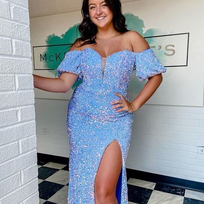 Sparkly mermaid sweetheart light blue sequins long prom dresses with slit - Thumbnail 1