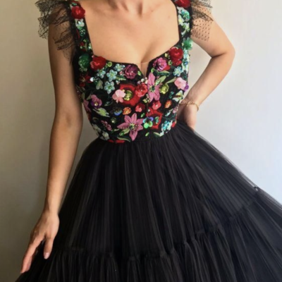 Black prom dresses with colorful 3d flowers - Thumbnail 3