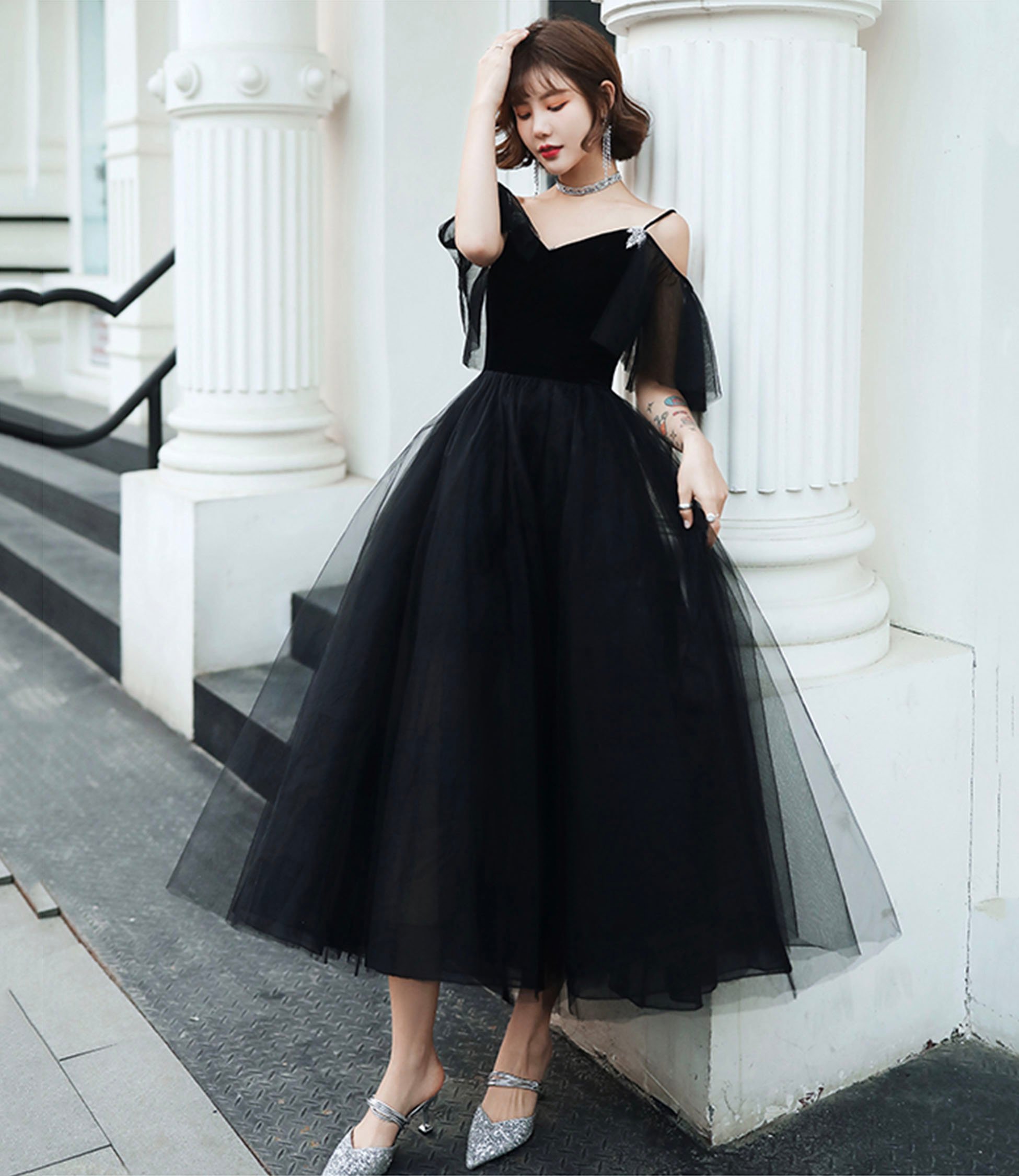 Black tulle short prom dress A-line homecoming dress