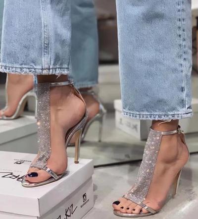 Summer New Fashion Metal Bright Diamond Stilettos Sexy Sandals Women's Shoes F5741