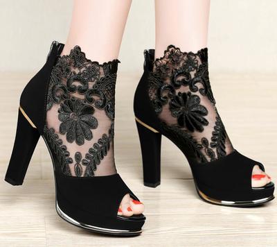 Summer Fish Mouth Shoes Ladies Sandals Sexy Mesh Thick Heel High Heel Sandals F2540