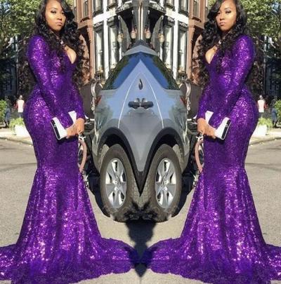 Sexy V Neck Grape Sequin Prom Dresses with Full Sleeves