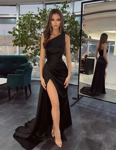 Sexy Mermaid One Shoulder Black Satin Prom Dress with Slit