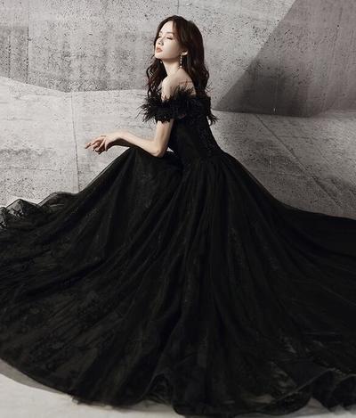 A line Black tulle beads long evening dress