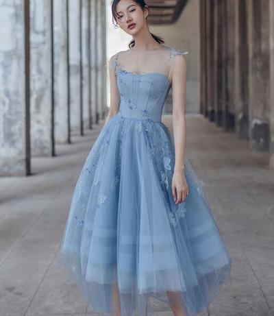 Cute blue tulle tea length prom dress