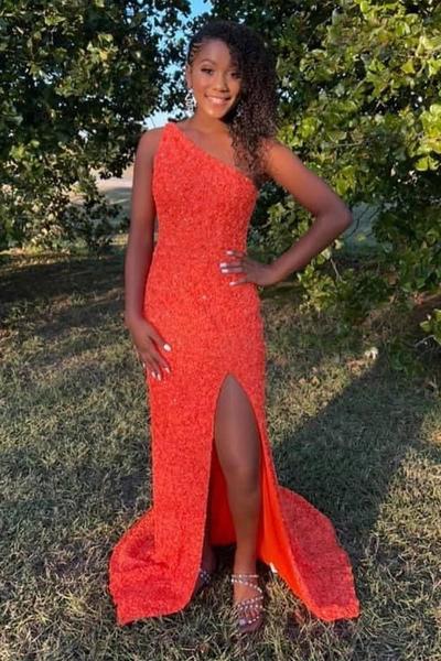 SP2233,One Shoulder Open Back Mermaid Orange Sequins Long Prom Dress,Shiny Formal Dress,Sexy Night Dress