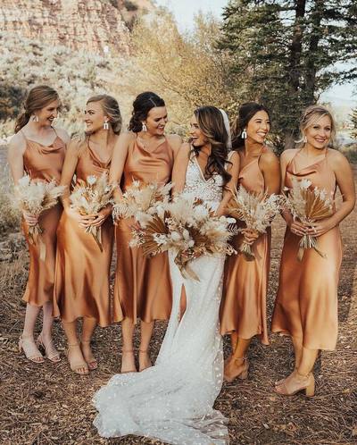 Sparkly Cowl Neck Champagne Silk Satin Tea Length Bridesmaid Dresses