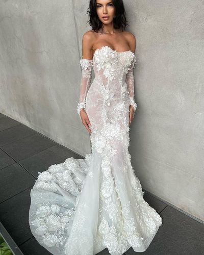 Mermaid Strapless 3D Flowers Lace White Wedding Dresses