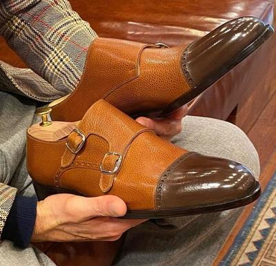 Decent Two Tone Handmade Double Monk Strap Shoes, Best Leather Shoes For Men's