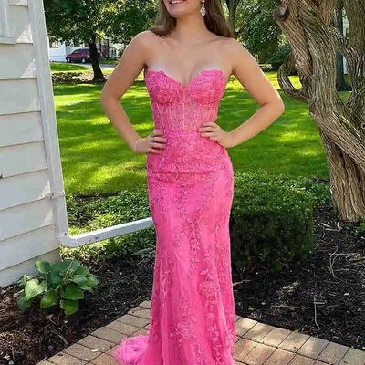 Fashion mermaid sweetheart hot pink long prom dresses with appliques - Thumbnail 1