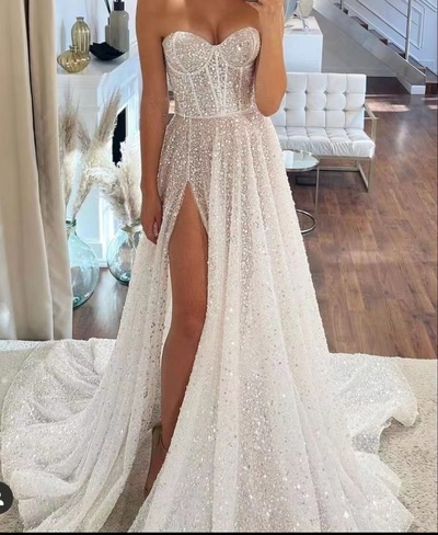 Sparkly Wedding Dresses Bridal Gown Slit with Corset