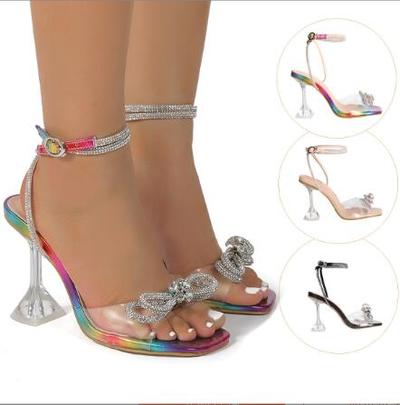 2022 black apricot color high heel sandals stiletto rhinestone women's shoes G6352